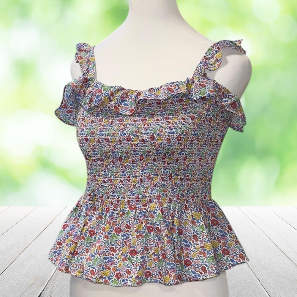 J CREW Smocked Top Liberty Fabric Ditsy Floral Ruffle Peplum Cami Tank Womens S